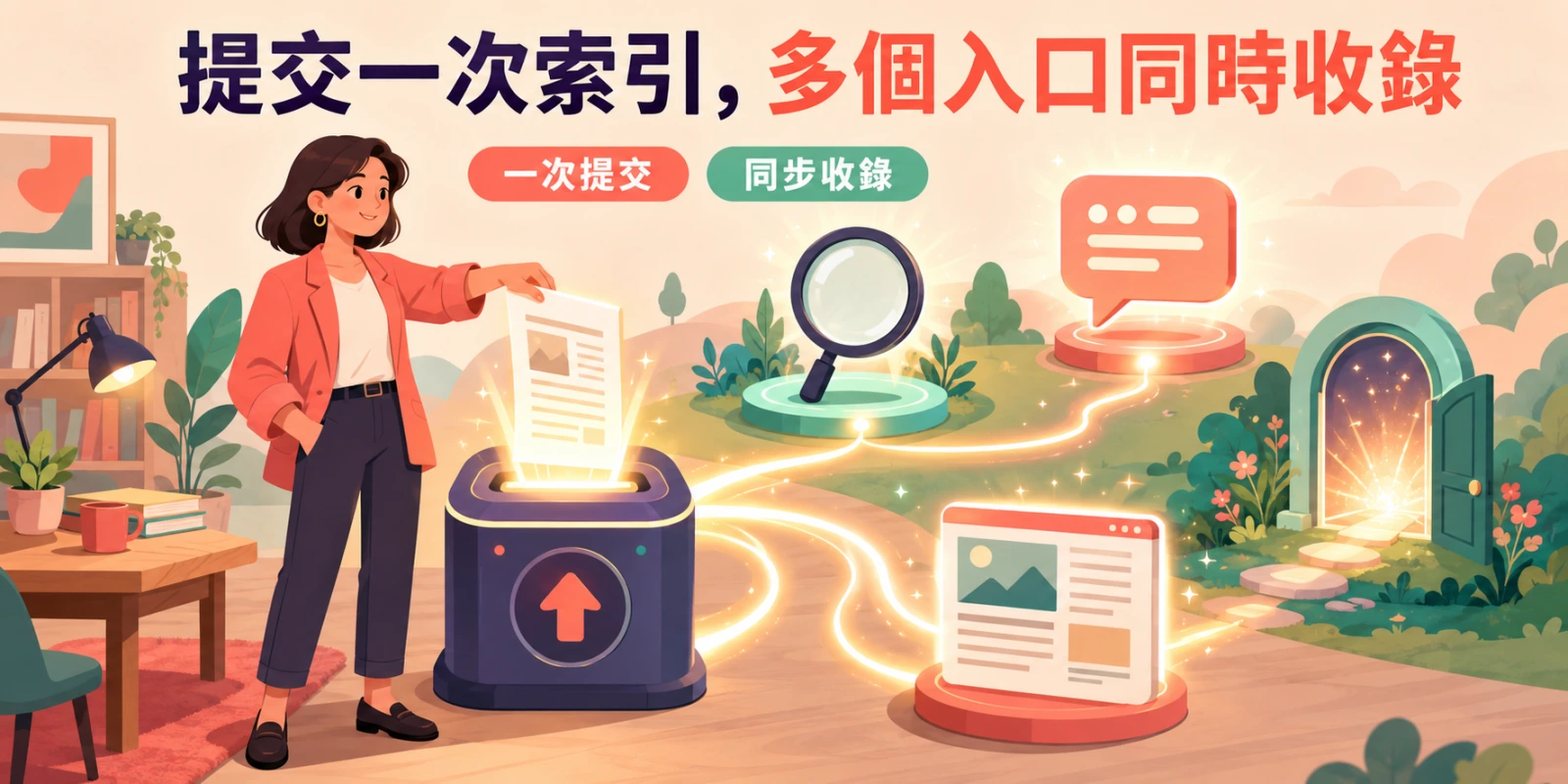提交一次索引即可同步讓搜尋引擎、入口網站與問答搜尋工具收錄內容，提升多個搜尋入口的曝光效率。