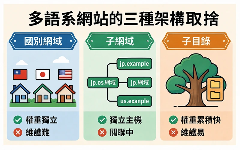 多語言網站架構比較圖，包含國別網域（權重獨立）、子網域（獨立主機）與子目錄（權重累積快）的架構與優缺點。