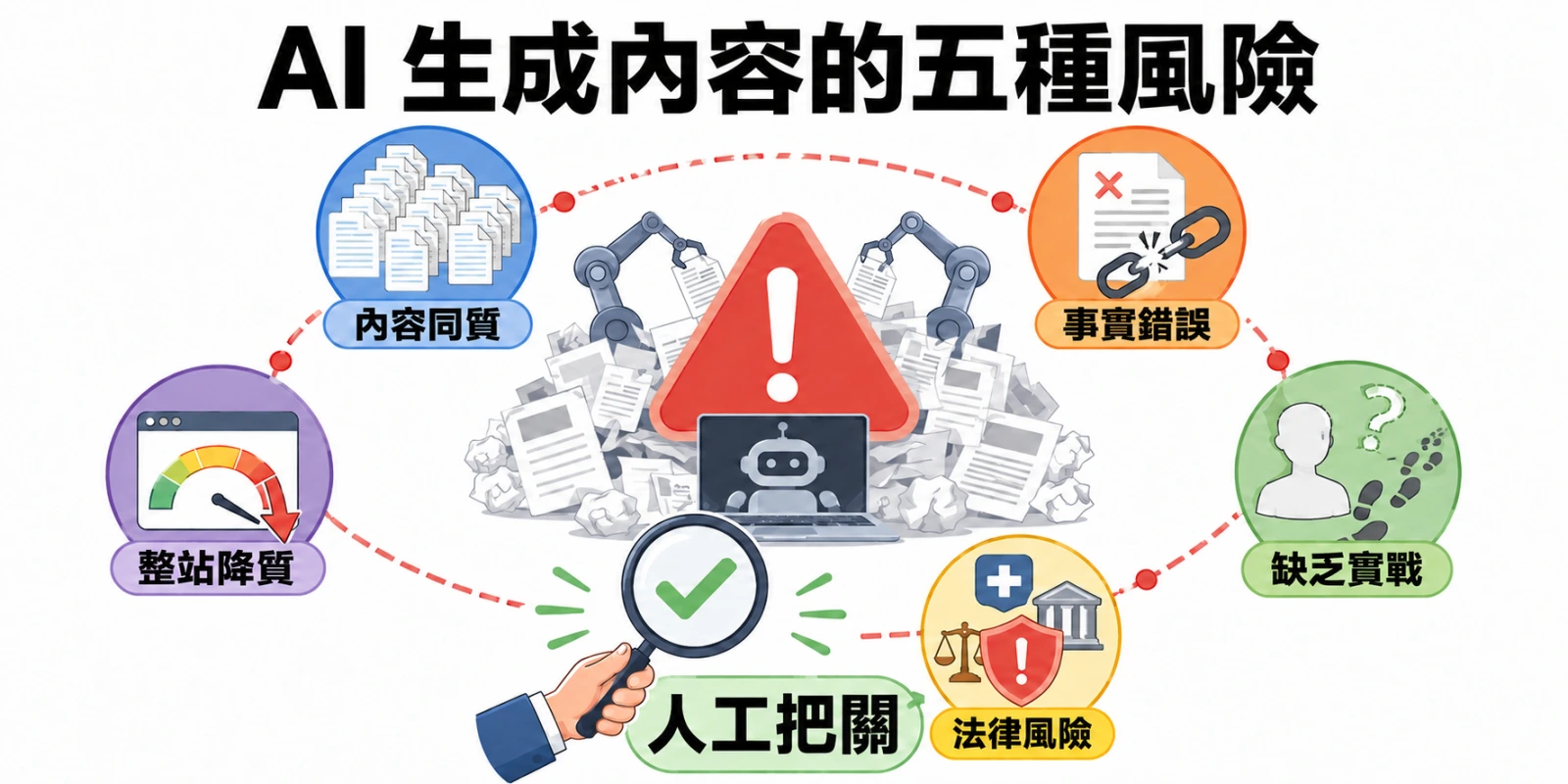AI 生成內容的五種風險示意圖，包含內容同質化、事實錯誤、缺乏實戰經驗、整站品質下降與法律風險，強調發布前應由人工審核把關。