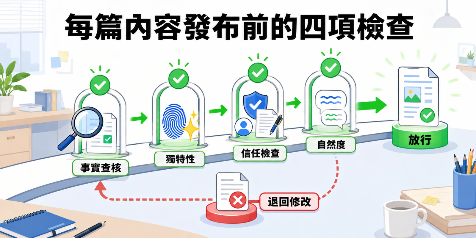 內容發布前依序通過事實查核、獨特性、信任與自然度四項檢查，未通過則退回修改。
