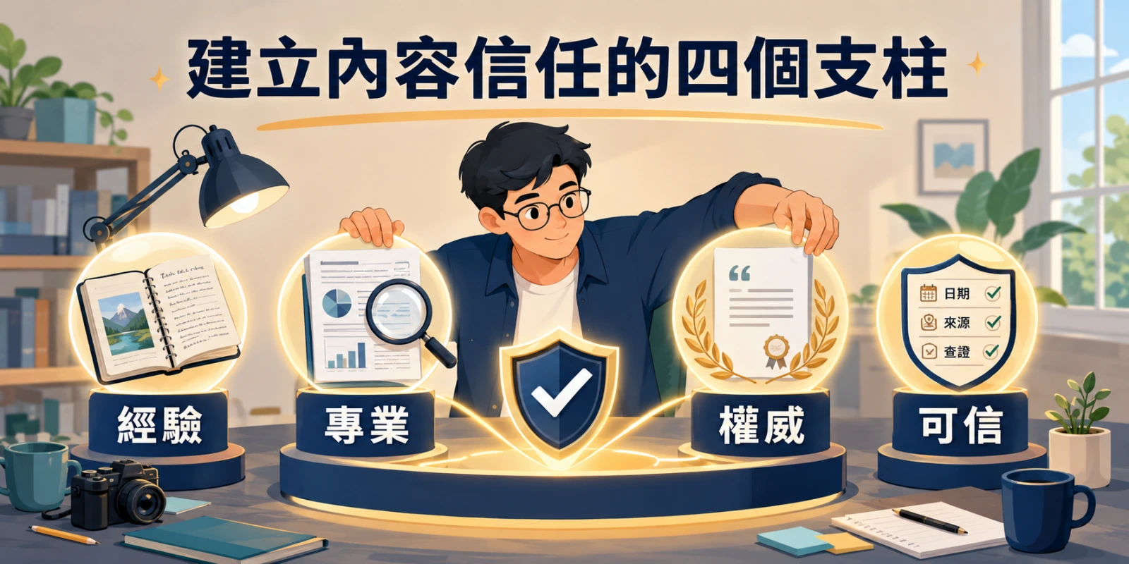 建立內容信任的四個支柱示意圖，呈現經驗、專業、權威與可信如何共同提升內容品質及搜尋信任度。