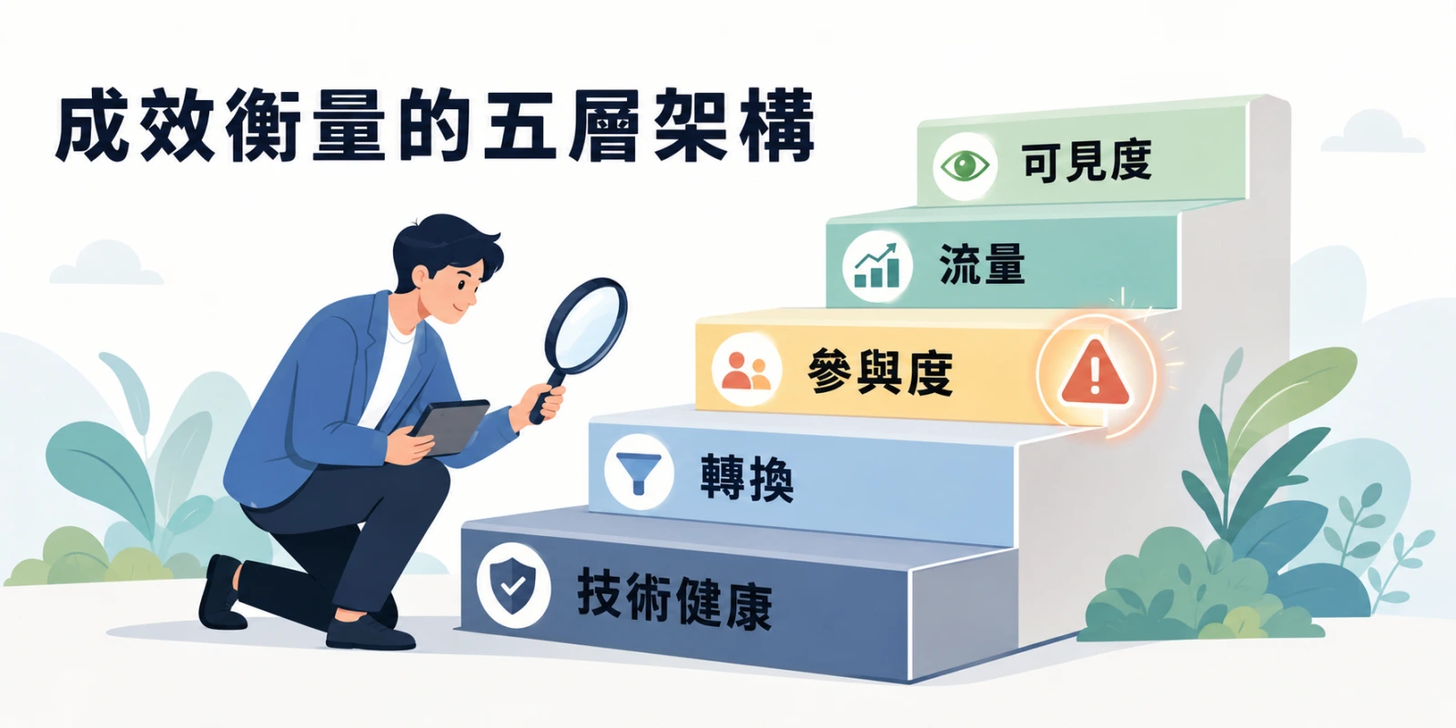 成效衡量的五層架構示意圖，分析人員逐層檢視可見度、流量、參與度、轉換與技術健康，找出搜尋優化的成效卡點。