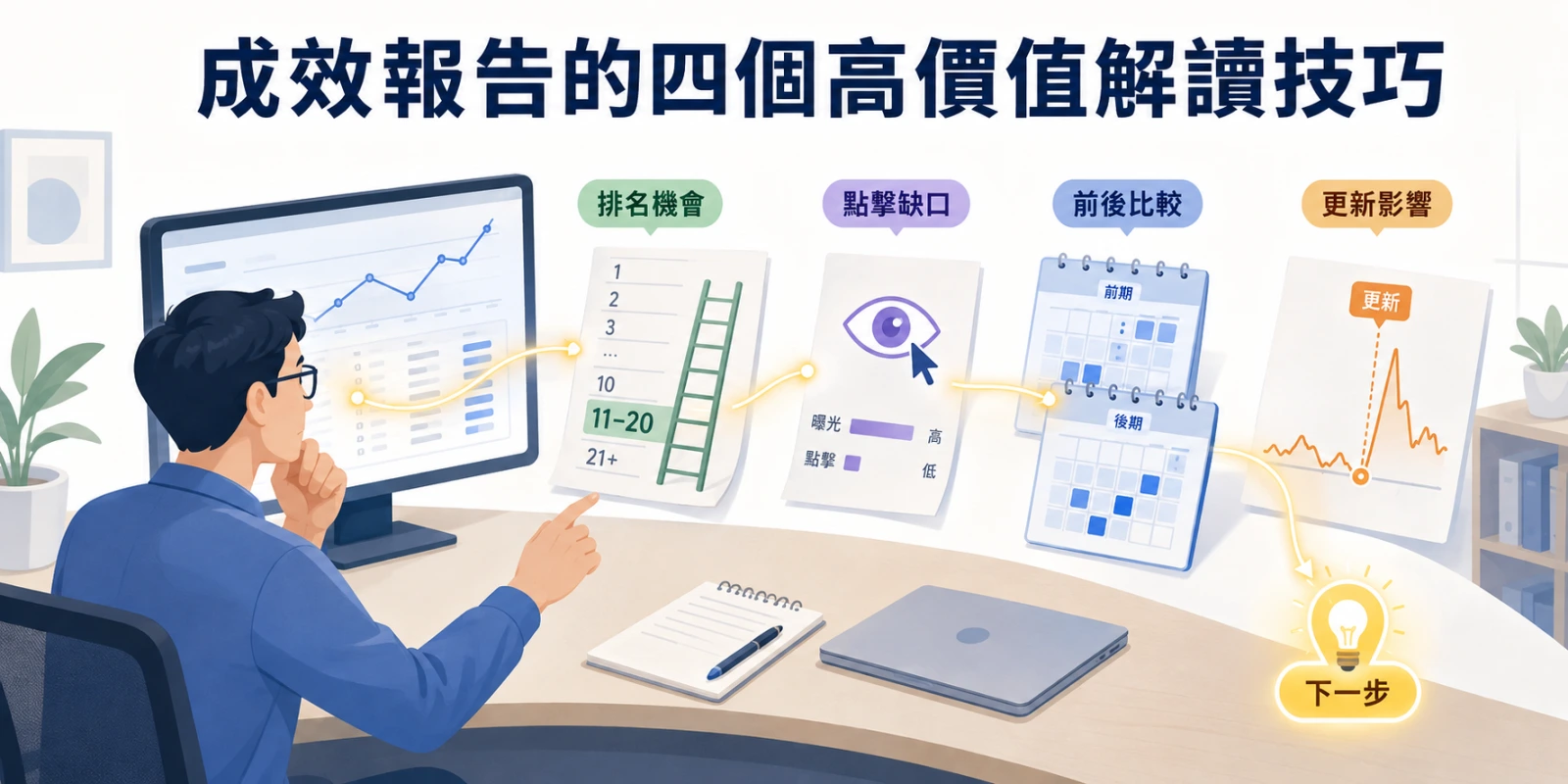 成效報告四個高價值解讀技巧：分析師找出排名機會、點擊缺口、前後期間差異及演算法更新影響，判斷下一步優化方向。