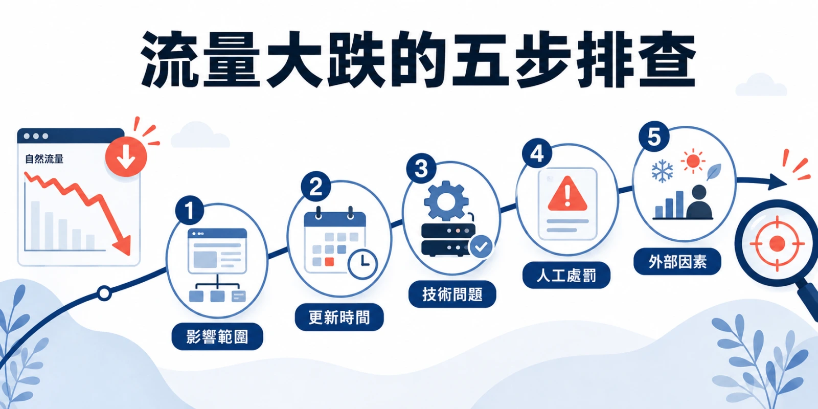 流量大跌的五步排查流程圖，依序檢查影響範圍、演算法更新時間、網站技術問題、人工處罰與外部因素。