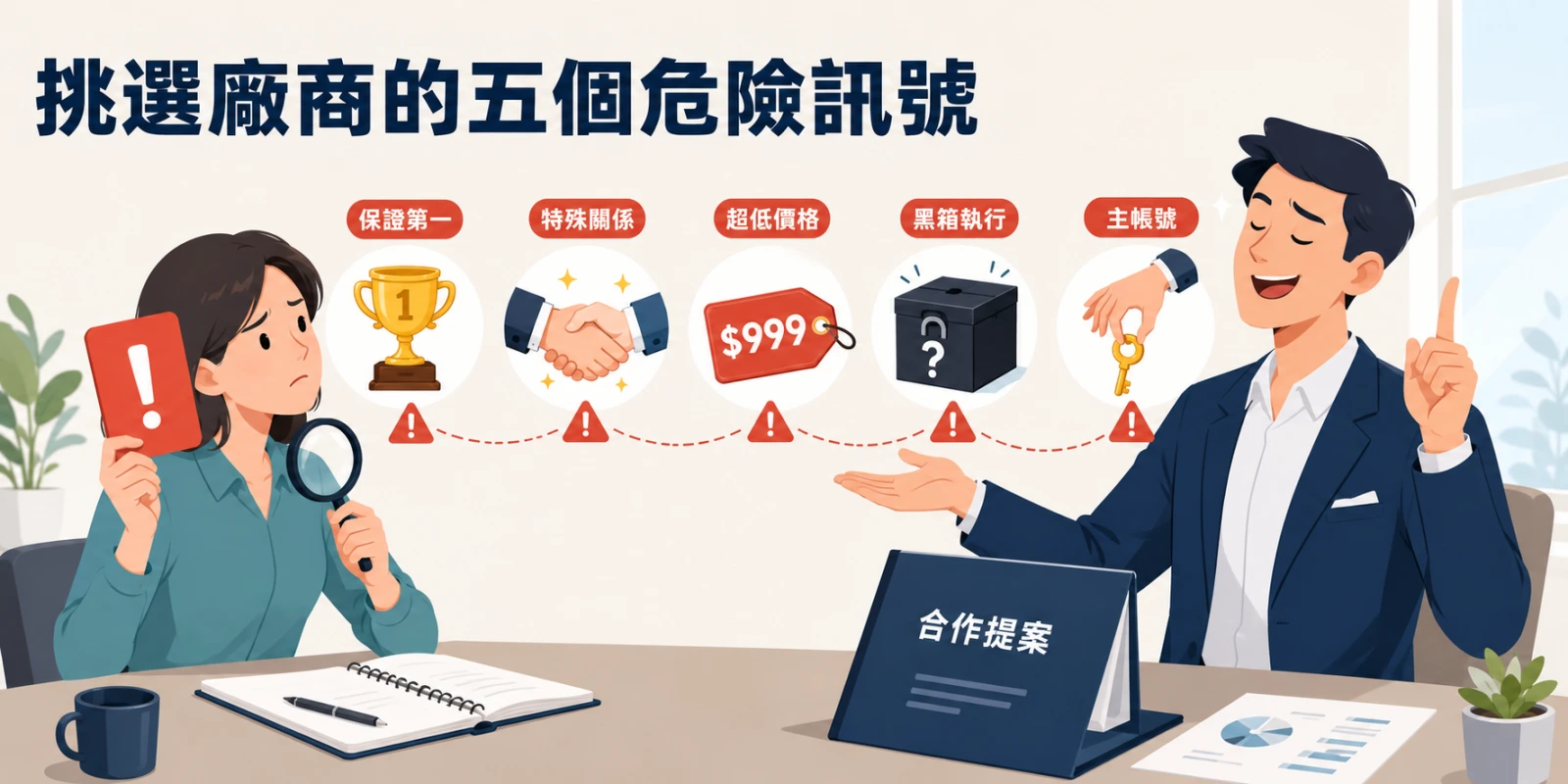 挑選 SEO 廠商的五個危險訊號，包括保證第一、特殊關係、超低價格、黑箱執行與索取主帳號控制權。