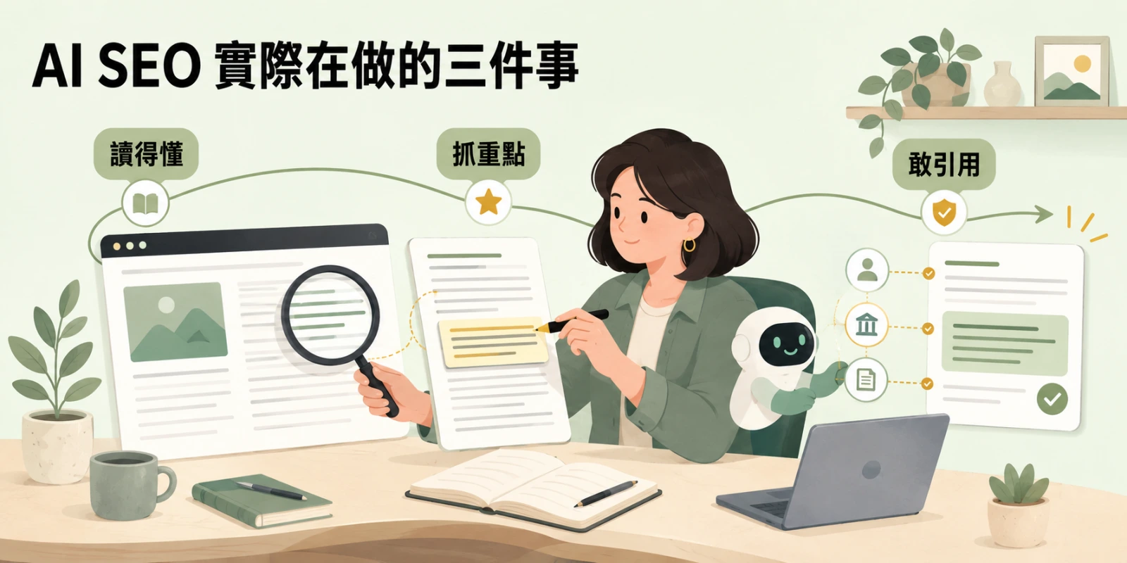 AI SEO 三層優化示意圖，呈現網站基本功、重點好摘錄與可信度線索，提升內容成為 AI 答案引用來源的機會。