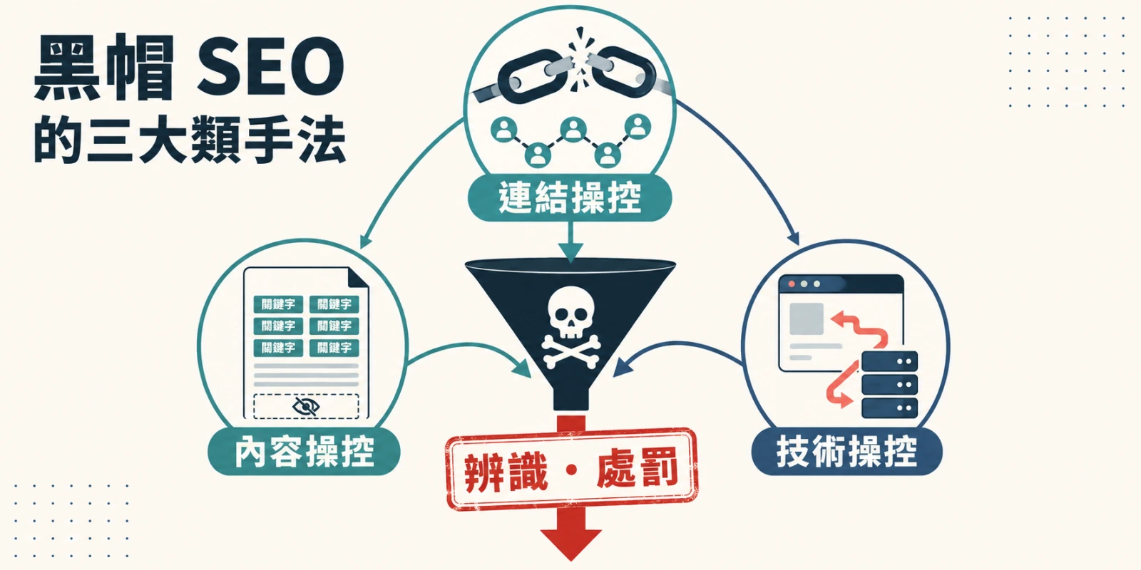 黑帽 SEO 的連結操控、內容操控與技術操控匯入同一漏斗，最終遭搜尋引擎辨識與處罰，呈現違規手法的共同風險。