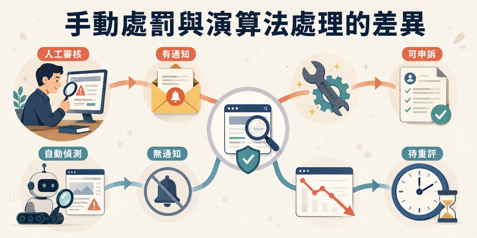 中央網站審查核心延伸人工審核與自動偵測兩條路徑，對照 Google 手動處罰有通知可申訴，演算法處理無通知且需等待重評。