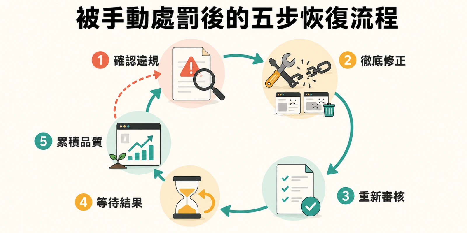 環形資訊圖表以五個連續節點呈現確認違規、修正、重新審核到品質累積，說明 Google 處罰復原與網站復原的正確順序。