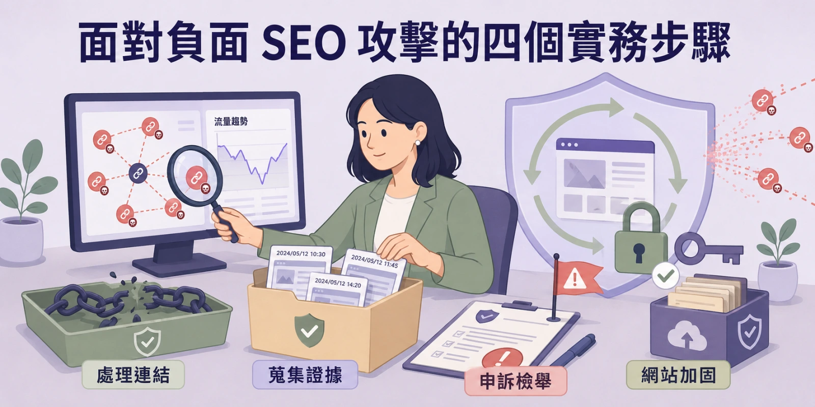 網站管理者以放大鏡檢查垃圾連結與流量變化，桌面同步整理證據、申訴文件、連結清理及網站安全備份。