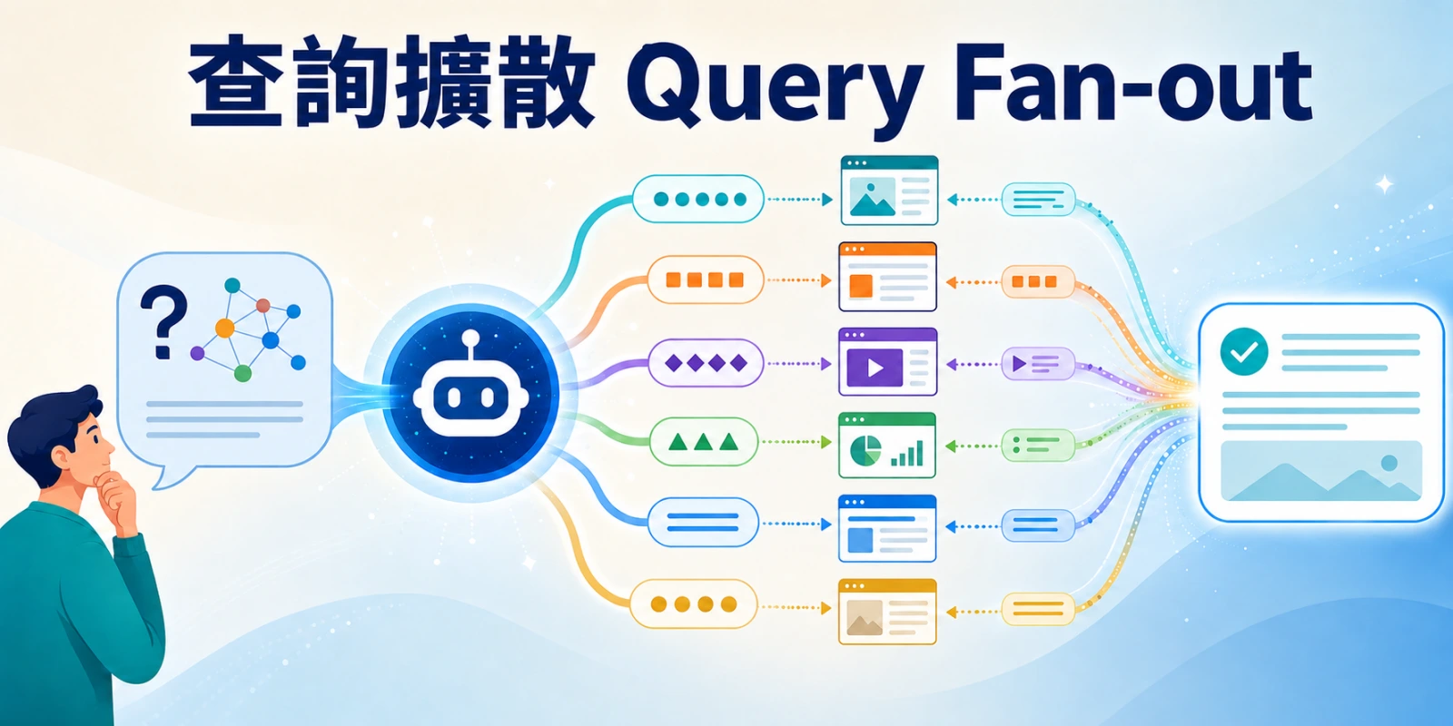 Query Fan-out 機制示意：AI 將一個複雜問題拆解成多個子問題，分別檢索來源後整合成完整答案。