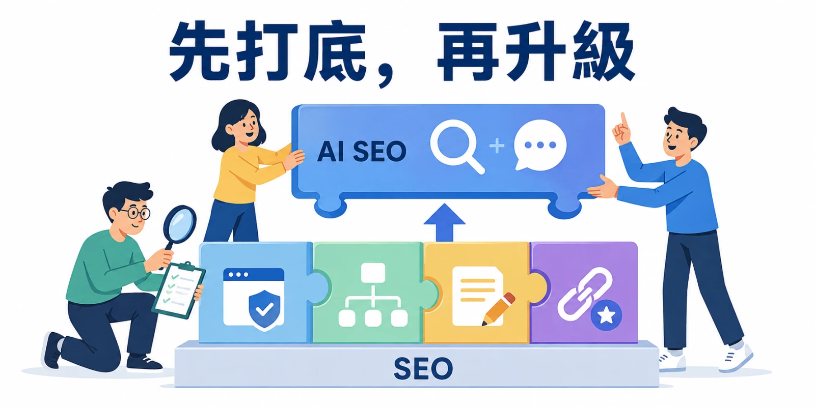傳統 SEO 作為地基、AI SEO 作為地基上延伸建築的層級支撐關係。