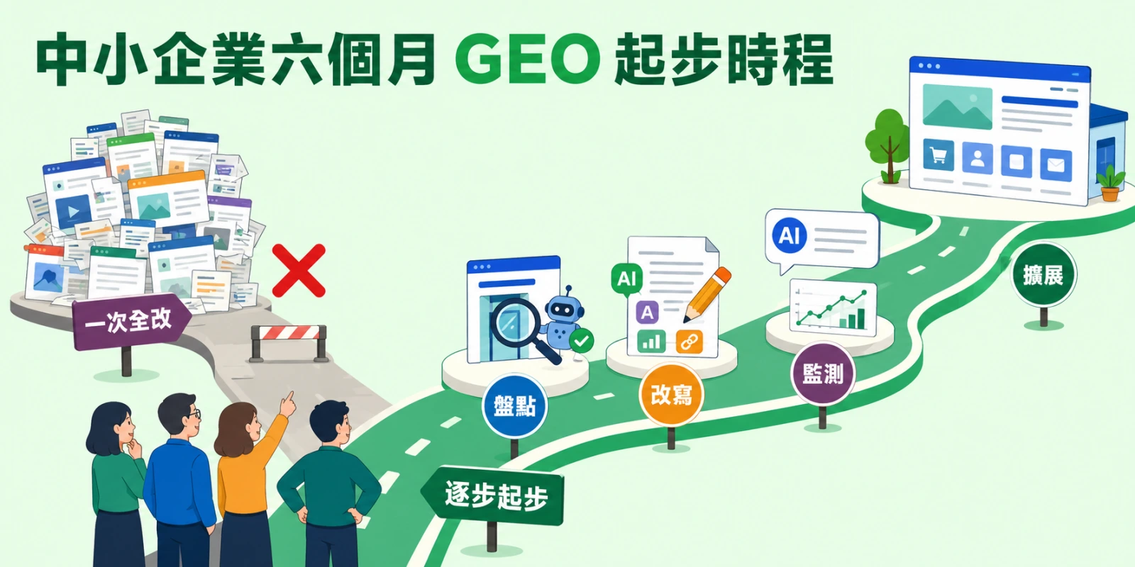 團隊站在分岔道路前，避開一次改完整站的壓力，沿盤點、改寫、監測與擴展路線推進台灣中小企業 GEO 策略。