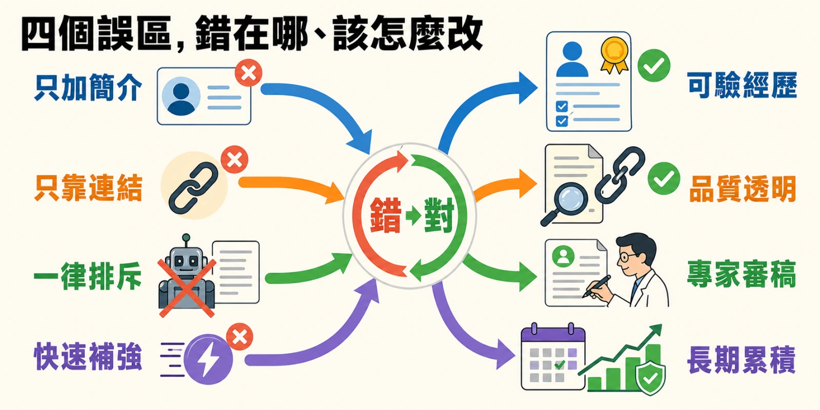流程圖呈現 E-E-A-T 四大 SEO 誤區與修正：作者簡介改為可驗經歷、反向連結結合品質透明、AI 內容交由專家審稿，並長期累積信任。