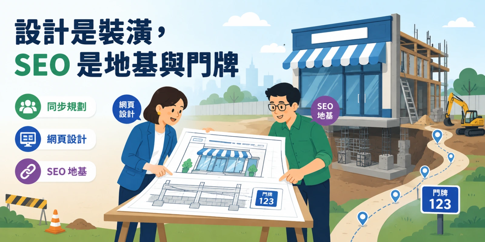 網頁設計師與 SEO 專家共同檢視店面藍圖，從施工初期整合外觀、地基與門牌，呈現網站規劃應同步納入搜尋引擎最佳化。