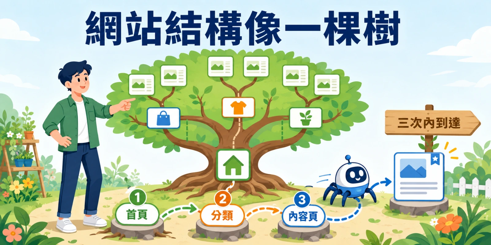網站結構樹狀圖：從首頁主幹延伸出分類頁分支，再到各內容頁，呈現重要頁面距離首頁不超過三次點擊的層級規劃。