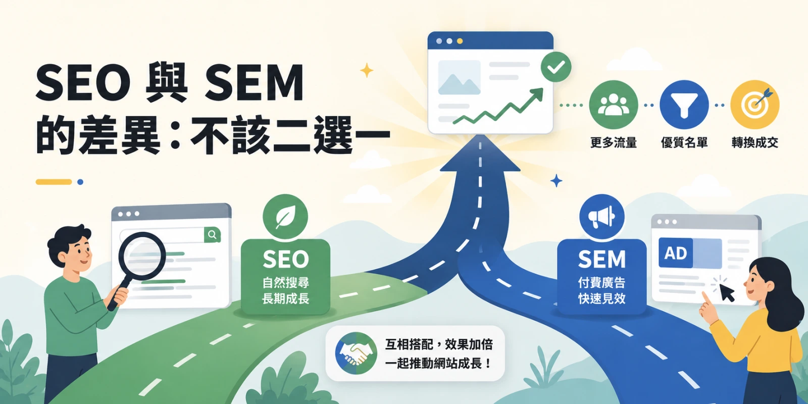 SEO 與 SEM 差異比較，透過自然搜尋與付費廣告互補合作提升網站流量與轉換