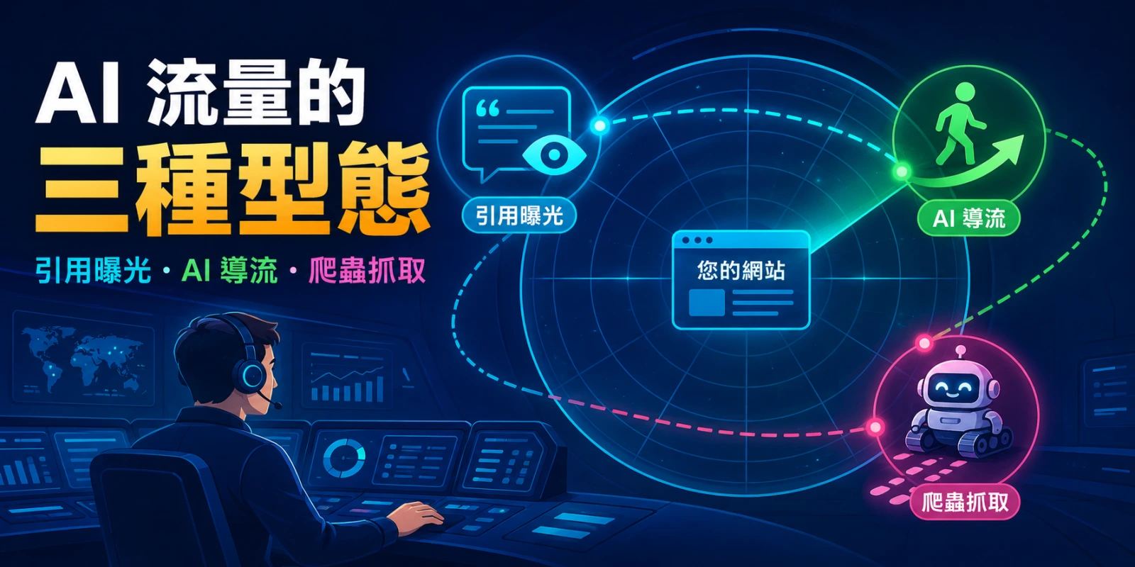 AI 流量三種型態示意圖，呈現引用曝光、AI 導流與爬蟲抓取的差異。