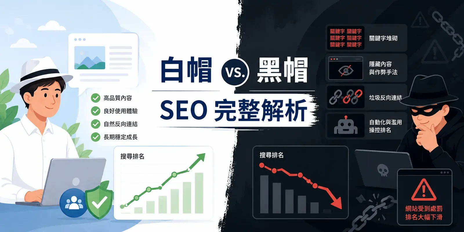 白帽 vs. 黑帽 SEO 完整比較：定義、灰帽風險與如何挑選 SEO 公司