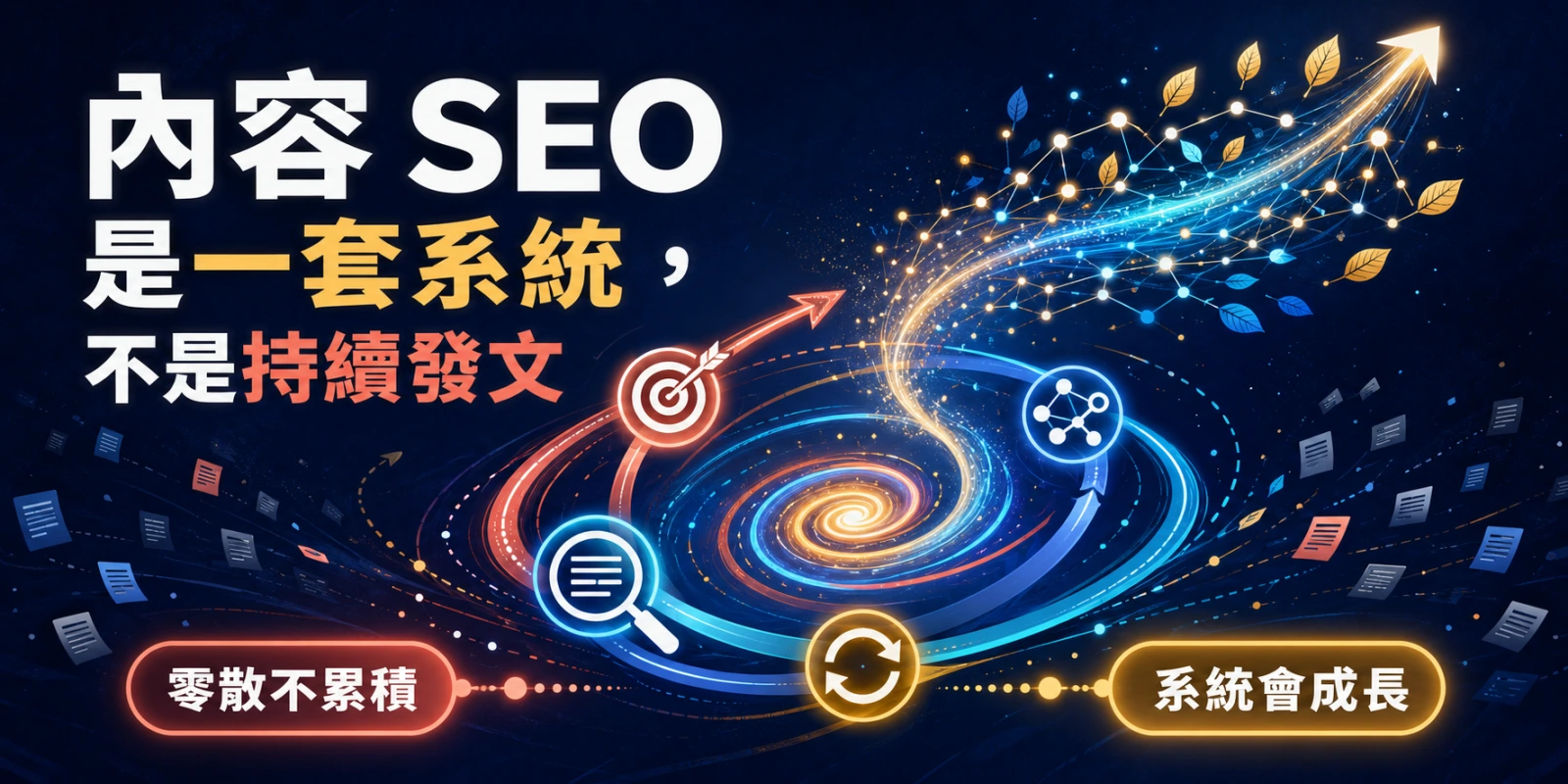 內容 SEO 系統化經營示意圖，整合內容策略、主題網絡、搜尋需求寫作與持續更新，說明零散發文無法累積，完整系統才能帶動長期搜尋成長。