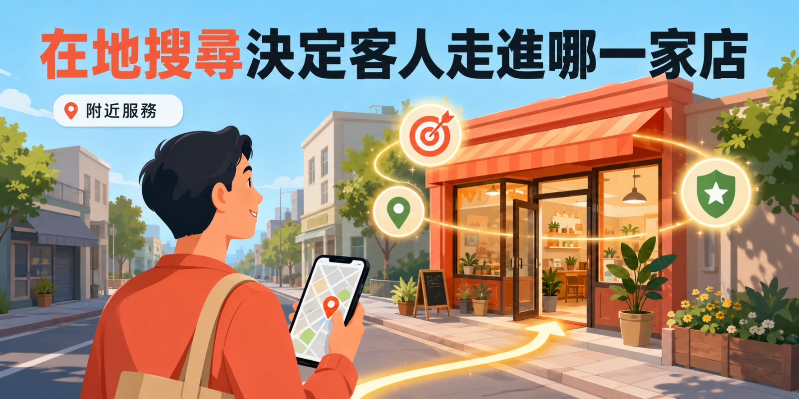 在地搜尋優化示意圖，消費者透過手機地圖搜尋附近服務，依相關性、距離與知名度選擇走進實體店家。