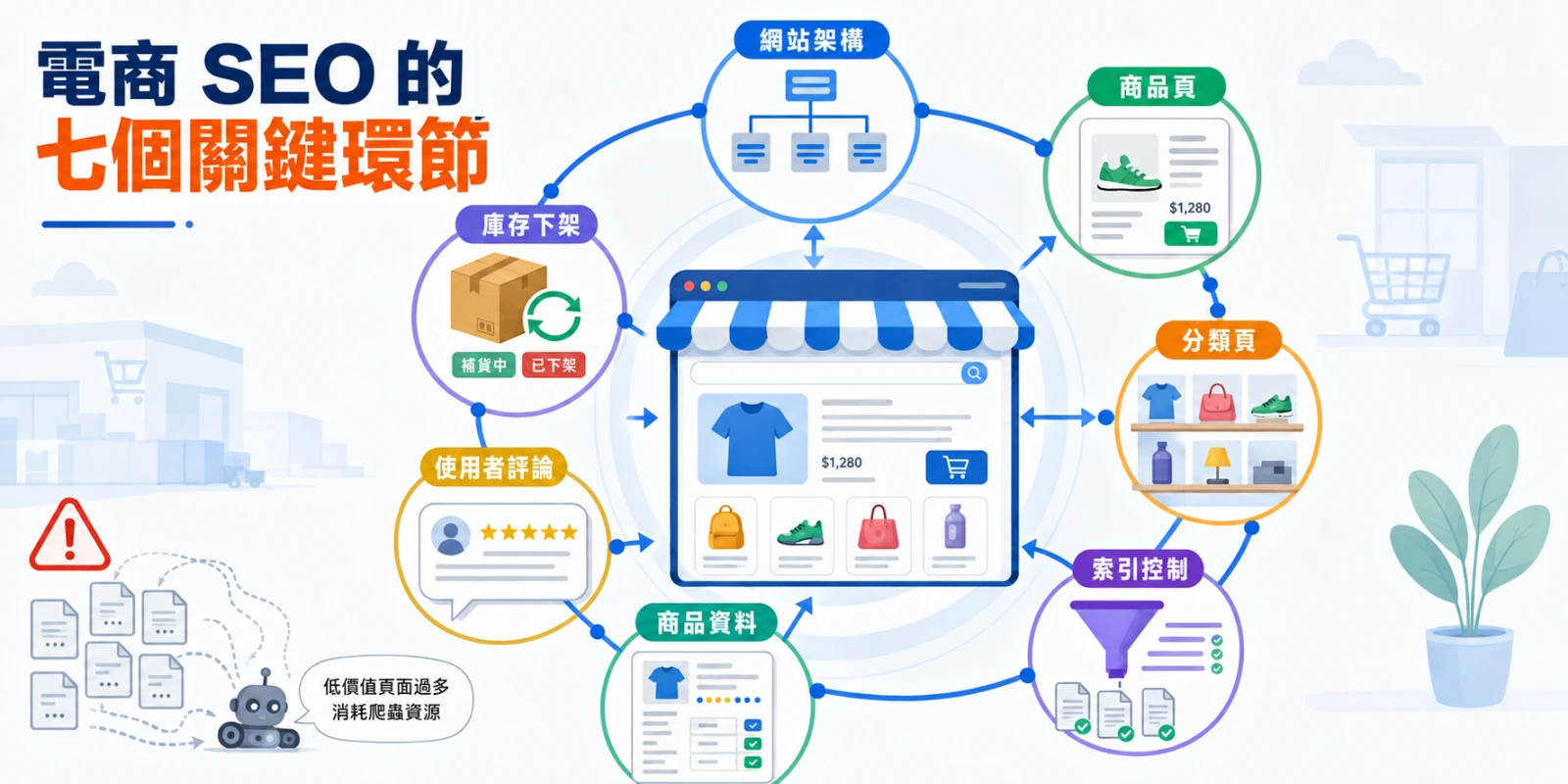 電商 SEO 七個關鍵環節示意圖，包含網站架構、商品頁、分類頁、索引控制、商品資料、使用者評論及庫存下架管理。