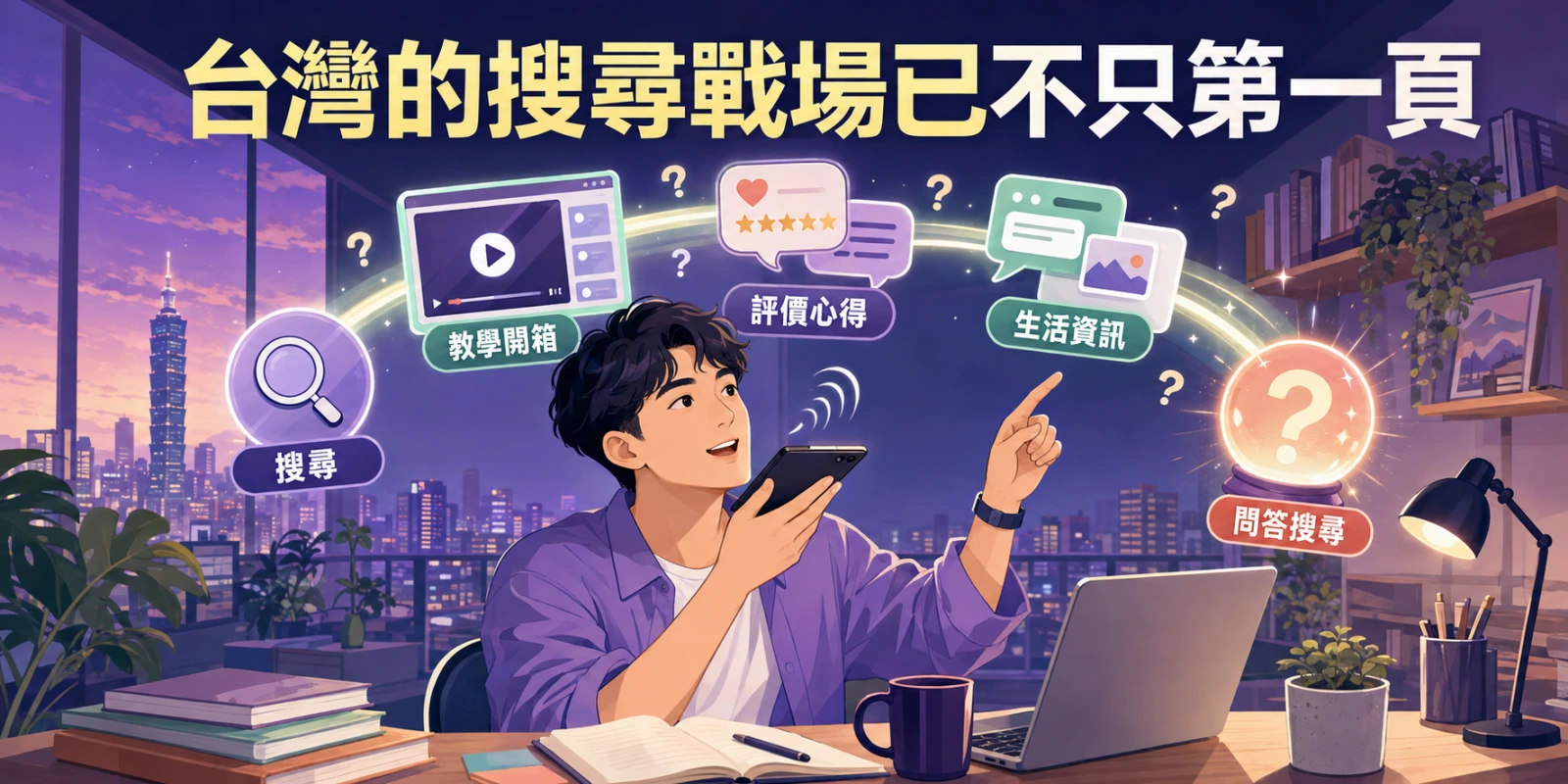 台灣搜尋戰場已不只第一頁，資訊圖表呈現搜尋引擎、影音、論壇、社群與問答工具等多元提問入口。