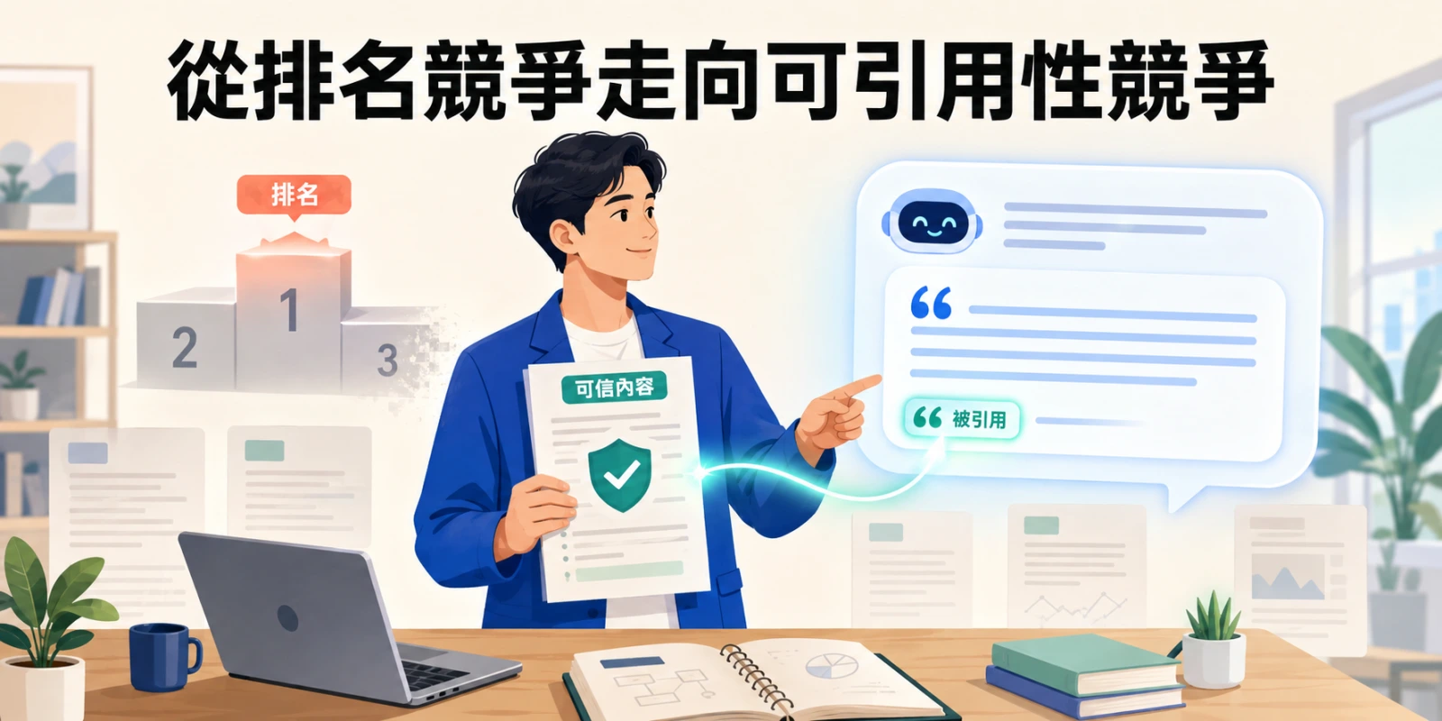 從排名競爭走向可引用性競爭示意圖，可信內容由搜尋排名進一步成為 AI 搜尋答案引用來源。