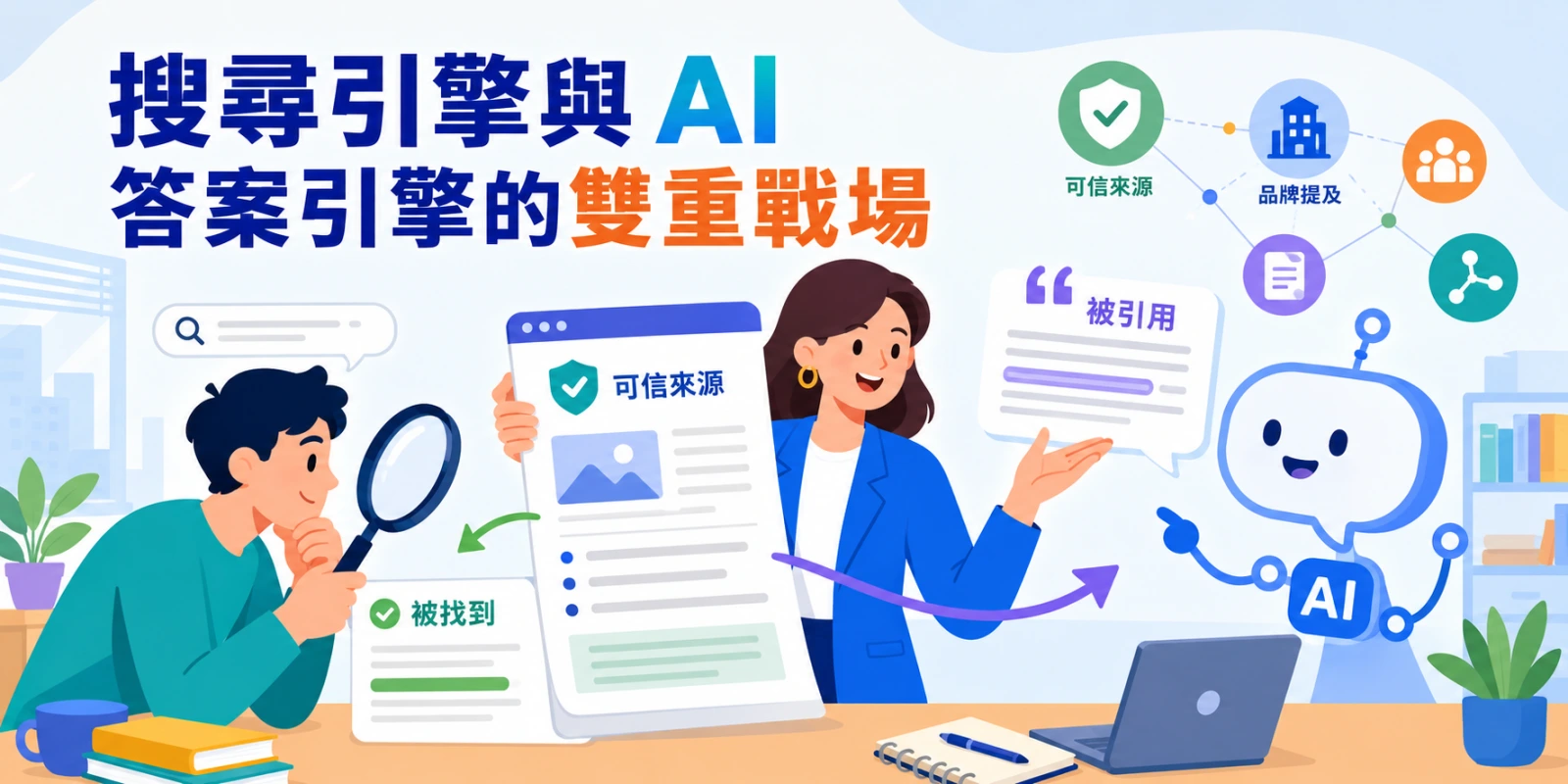 AI SEO 讓內容在搜尋引擎與 AI 答案引擎雙重戰場被找到、被引用、被推薦的整體優化概念。