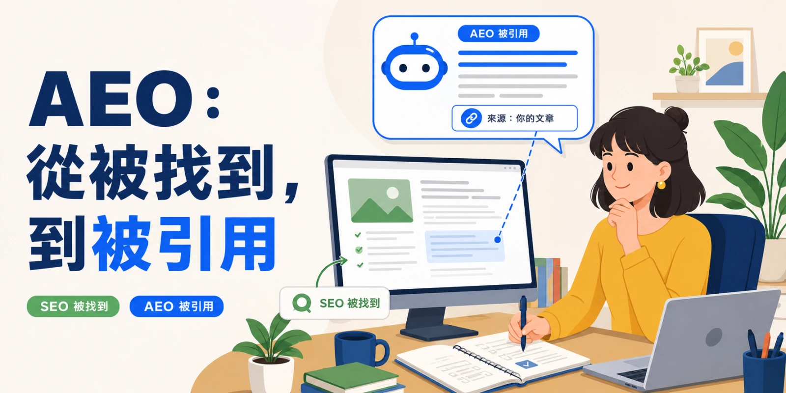 內容工作者在電腦前整理文章，以連線呈現 SEO 帶來搜尋曝光，再由 AEO 讓內容進入 AI 搜尋答案並標示引用來源。