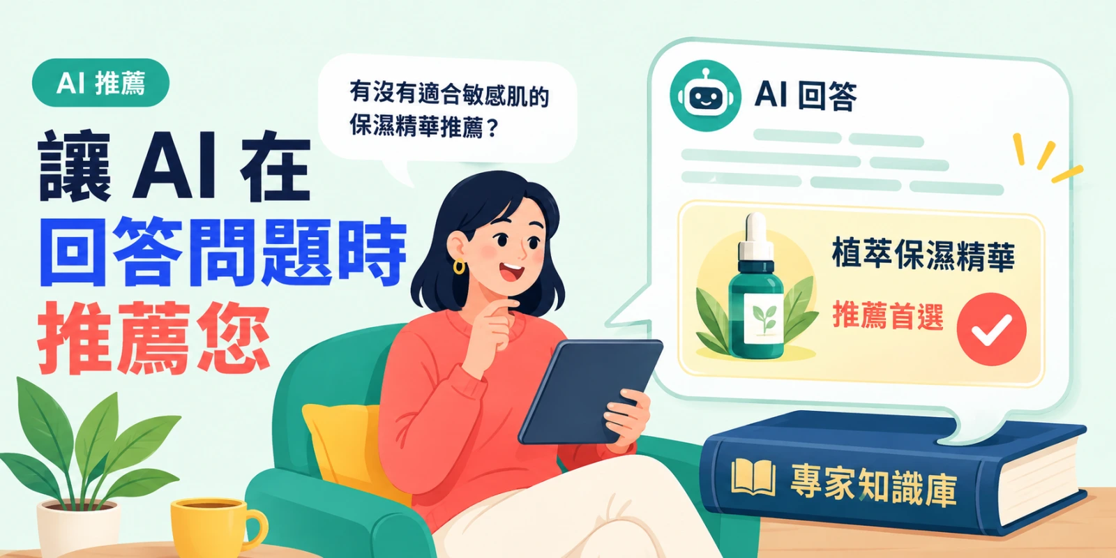 消費者使用平板向 AI 詢問保養需求，答案直接推薦特定產品並以專家知識支撐，呈現生成式引擎優化促成品牌曝光。